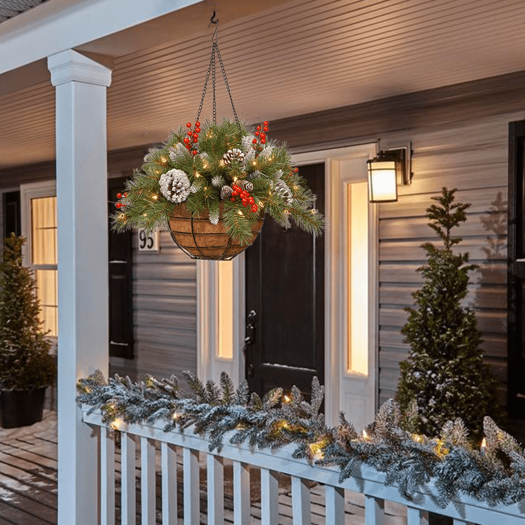 🎄Dazzling Pre-lit Artificial Christmas Hanging Basket - Flocked with Mixed Decorations and White LED Lights - Frosted Berry