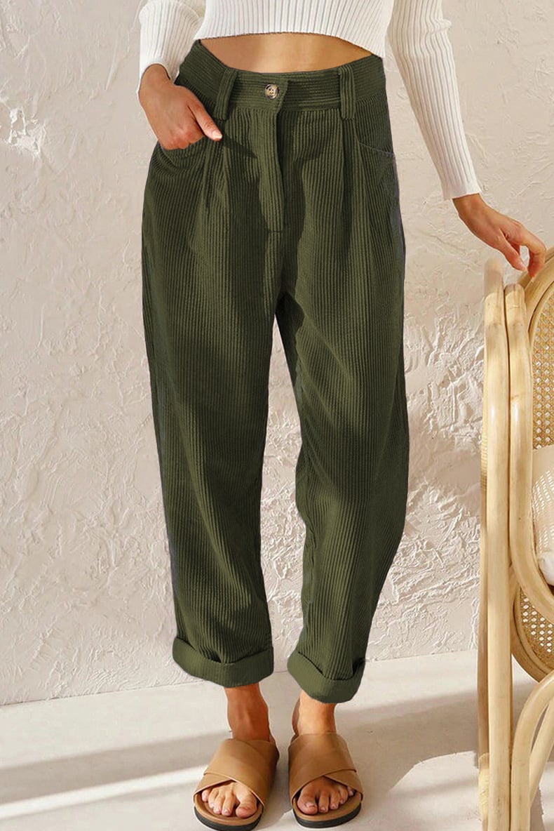 Mid Rise Button Zipper Side Pocket Corduroy Casual Pants (Buy 2 Free Shipping)