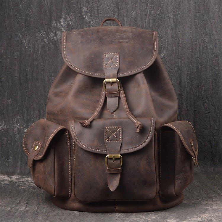 Mens Vintage Leather Backpack Drawstring