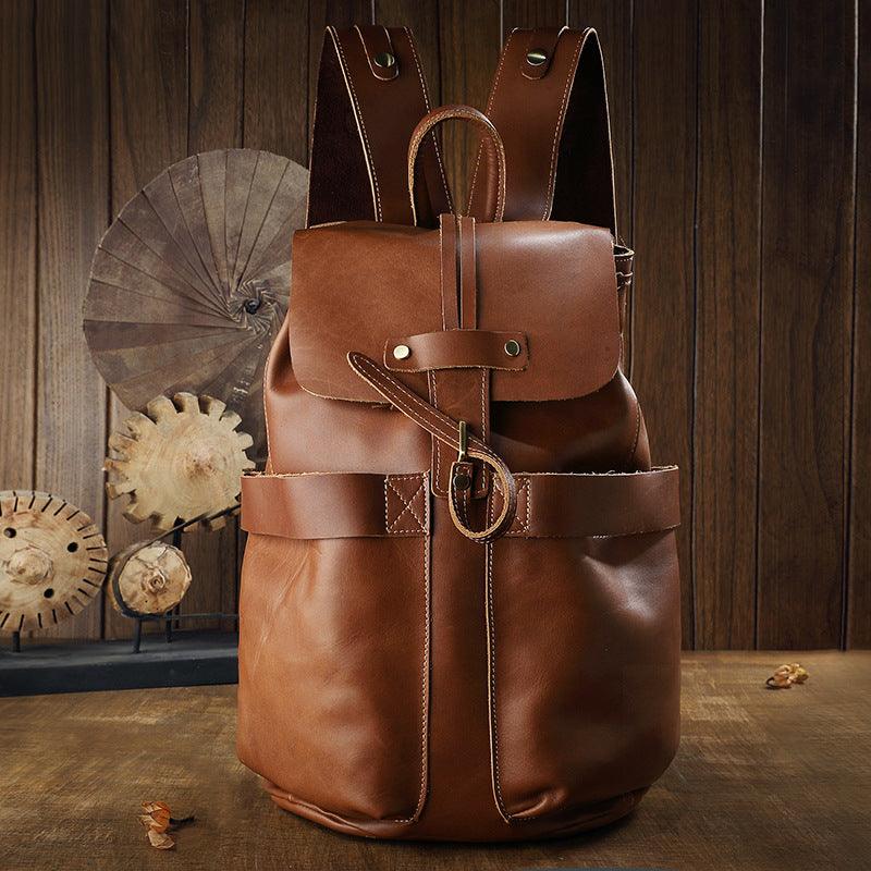 Vintage Small Leather Backpack Drawstring