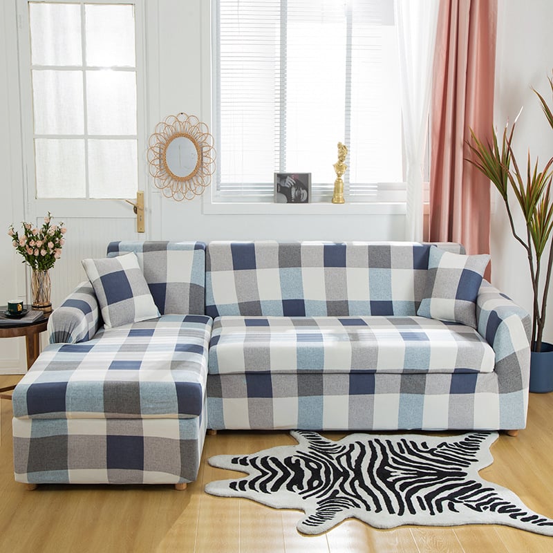 Blue Checkered-Full-wrapped Universal Stretch Sofa Cover