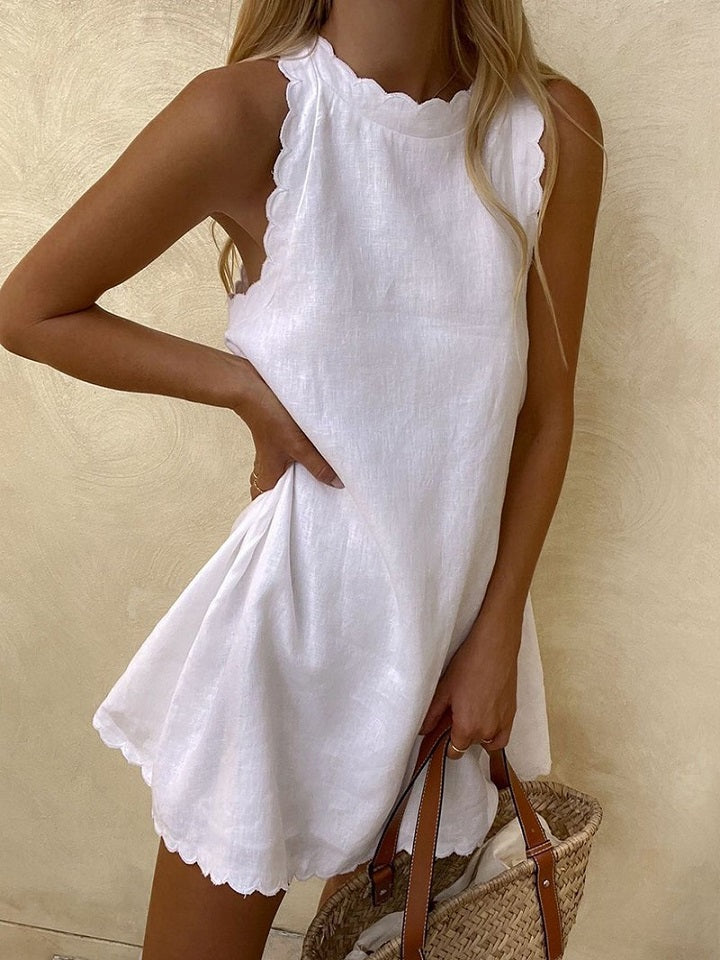 Loose Sleeveless Round Neck Cotton And Linen Dress White Dresses