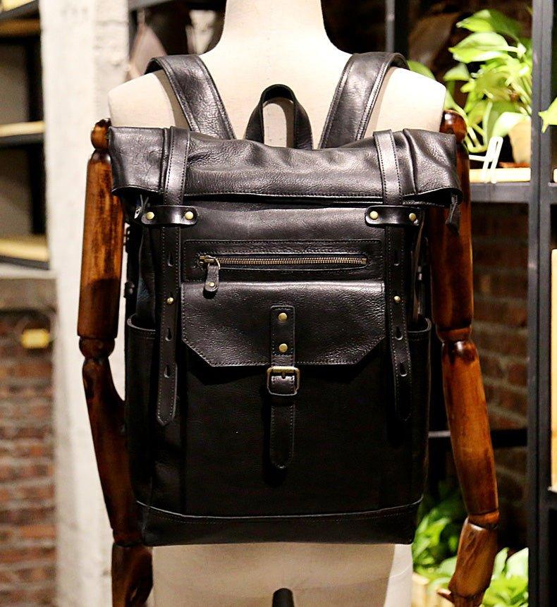 Mens Leather Backpack Vintage Roll Top with Front Pocket