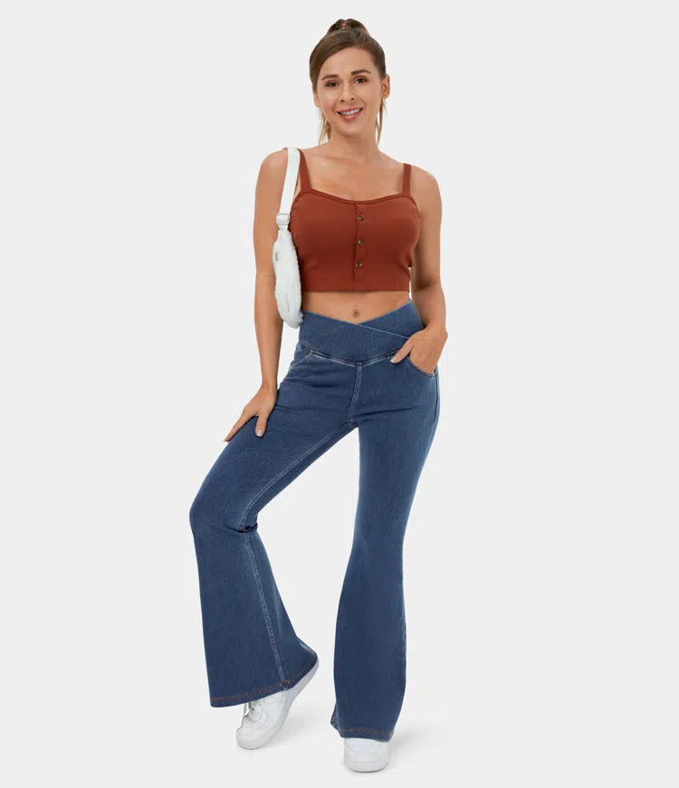 Stretchy Knit Denim Casual Super Flare Pants