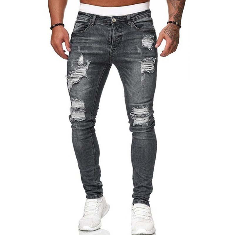 Men's ripped white slim fit jeans fashion pencil pants