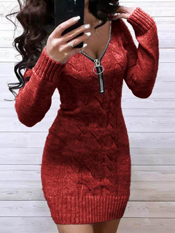 Casual Solid Sweater V-Neckline Bodycon Dress