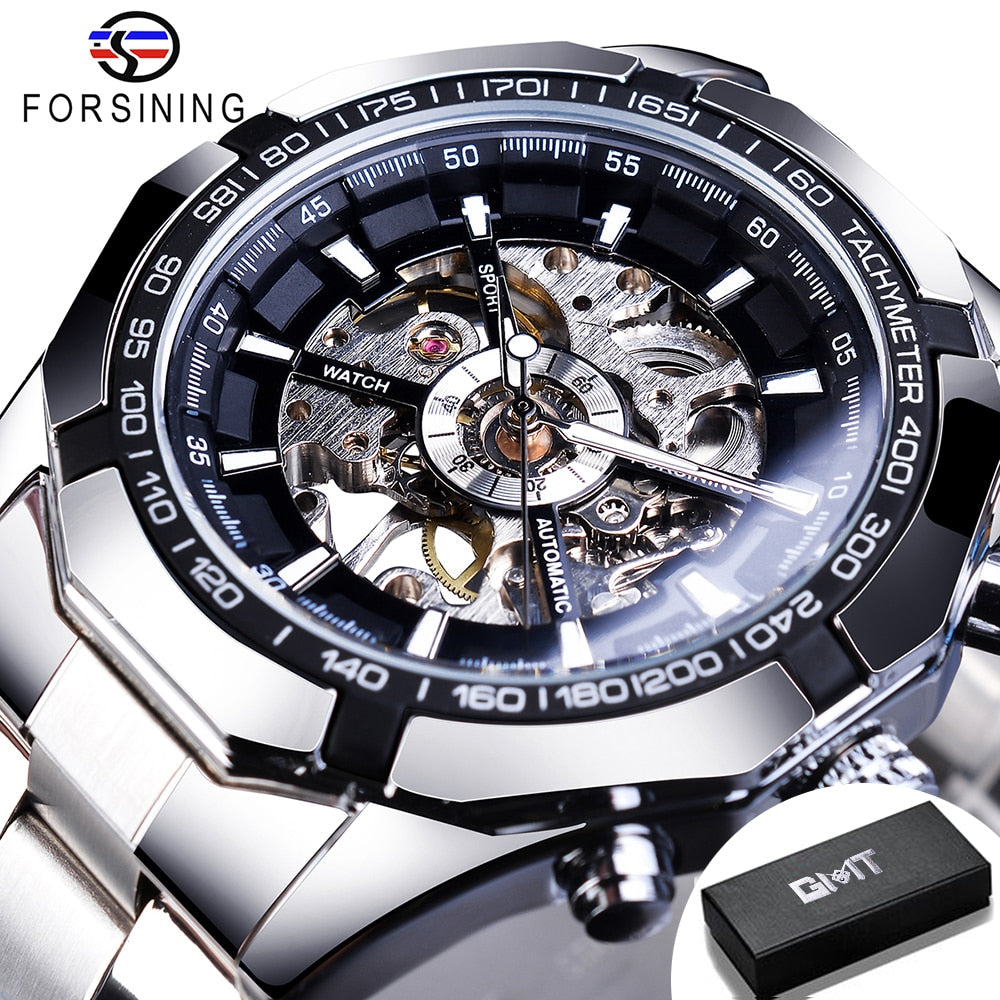 Forsining 2023 Stainless Steel Waterproof Mens Skeleton Watches Top Brand Luxury Transparent Mechanical Sport Male Wrist Watches