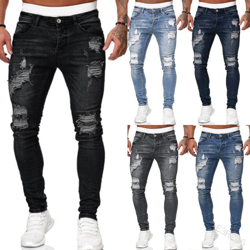 Men's ripped white slim fit jeans fashion pencil pants