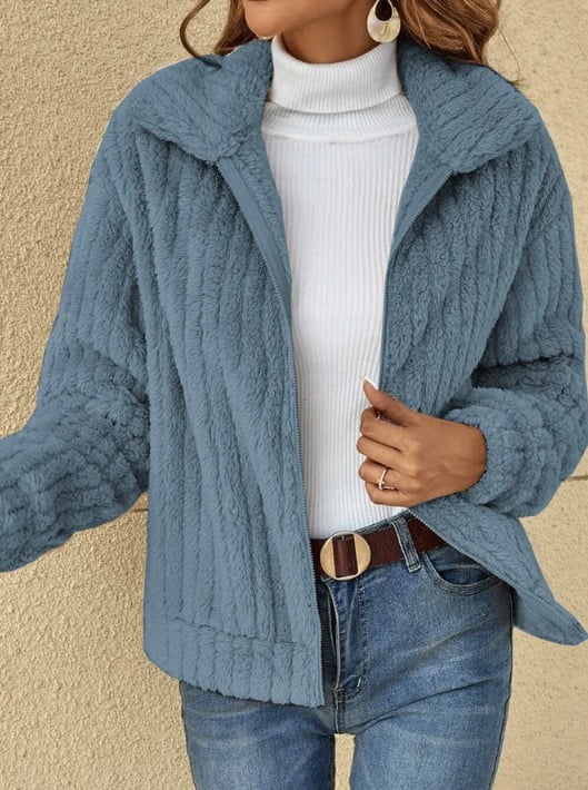 Short Jacket Lapel Zipper Winter Coat Warm Plush Fleece Zipper Casual ...