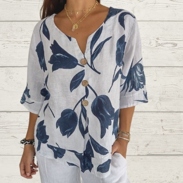 Printed Linen-Cotton V-Neck Pullover Shirt (Buy 2 Free Shipping)