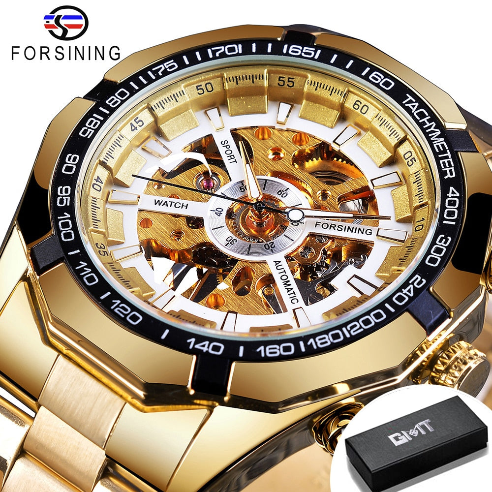 Forsining 2023 Stainless Steel Waterproof Mens Skeleton Watches Top Brand Luxury Transparent Mechanical Sport Male Wrist Watches